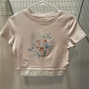 Arizona Jean Co Cream and Blue Angel Graphic Tee Cropped Top